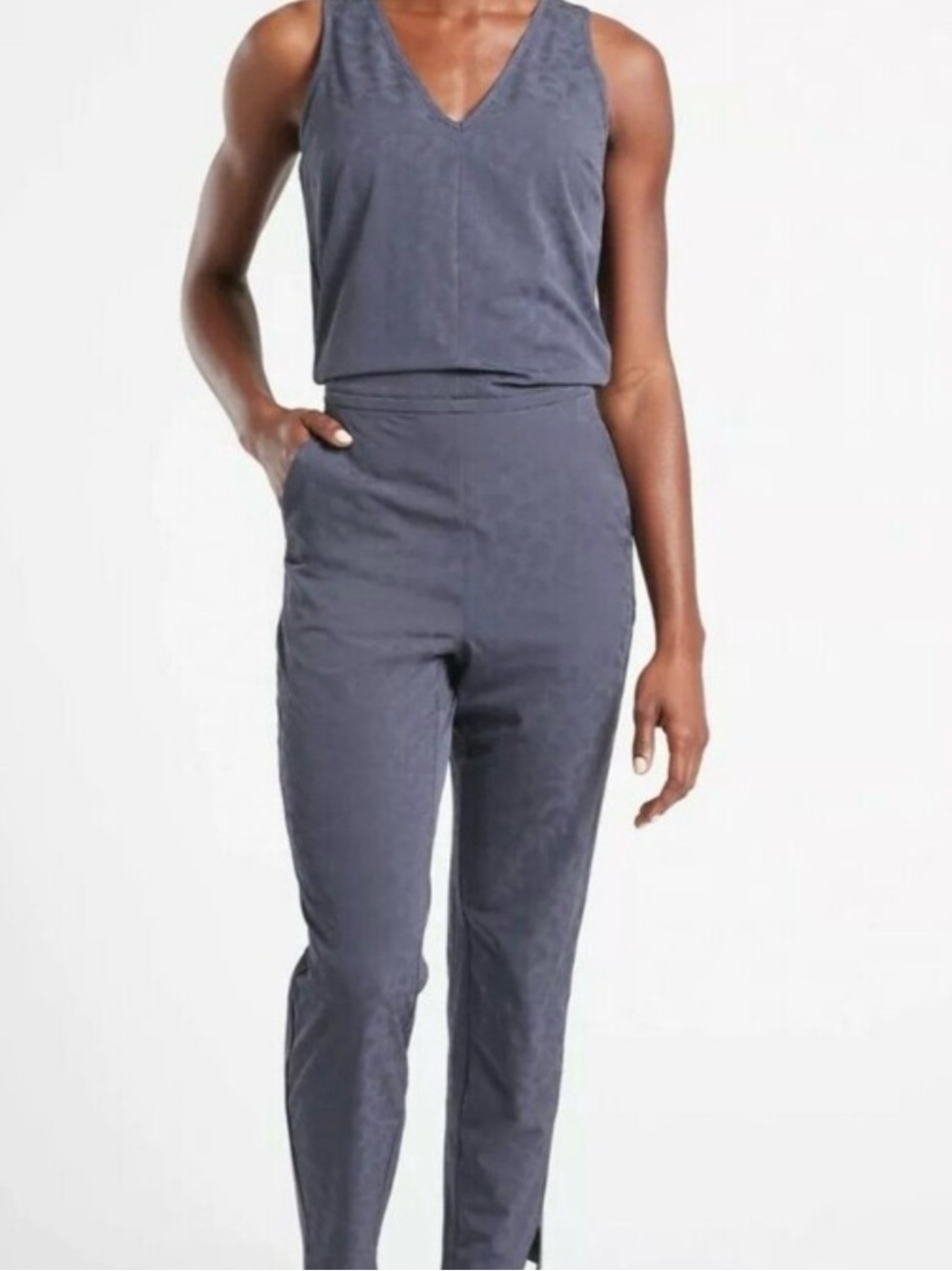 Athleta BrooklynTextured  V-Neck Sleeveless Jumpsuit charcoal cheetah
